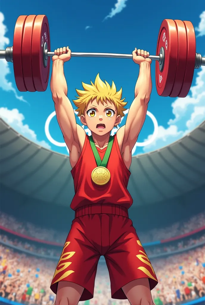 Anime-style photo of a boy, rubio, thin , yellow-colored eyes winning a medal in weightlifting at the Olympics quality photo