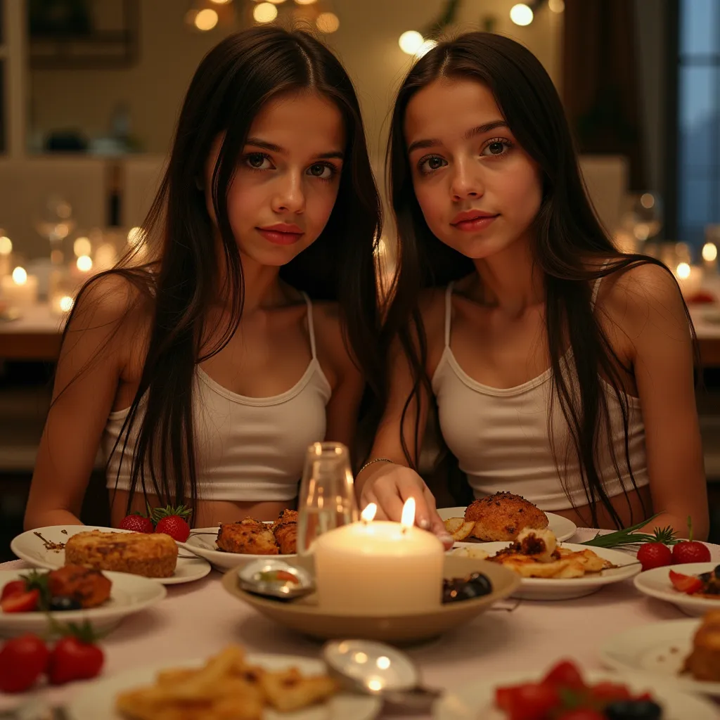 Masterpiece of two extremely delicate, innocent, super youthful maximalist-real 14yr old skinny girls, at a banquet full of delicious but unhealthy food. Wearing cotton short tight tank tops. They are hot skinny gym girls. Long hair, dark brown. They are S...