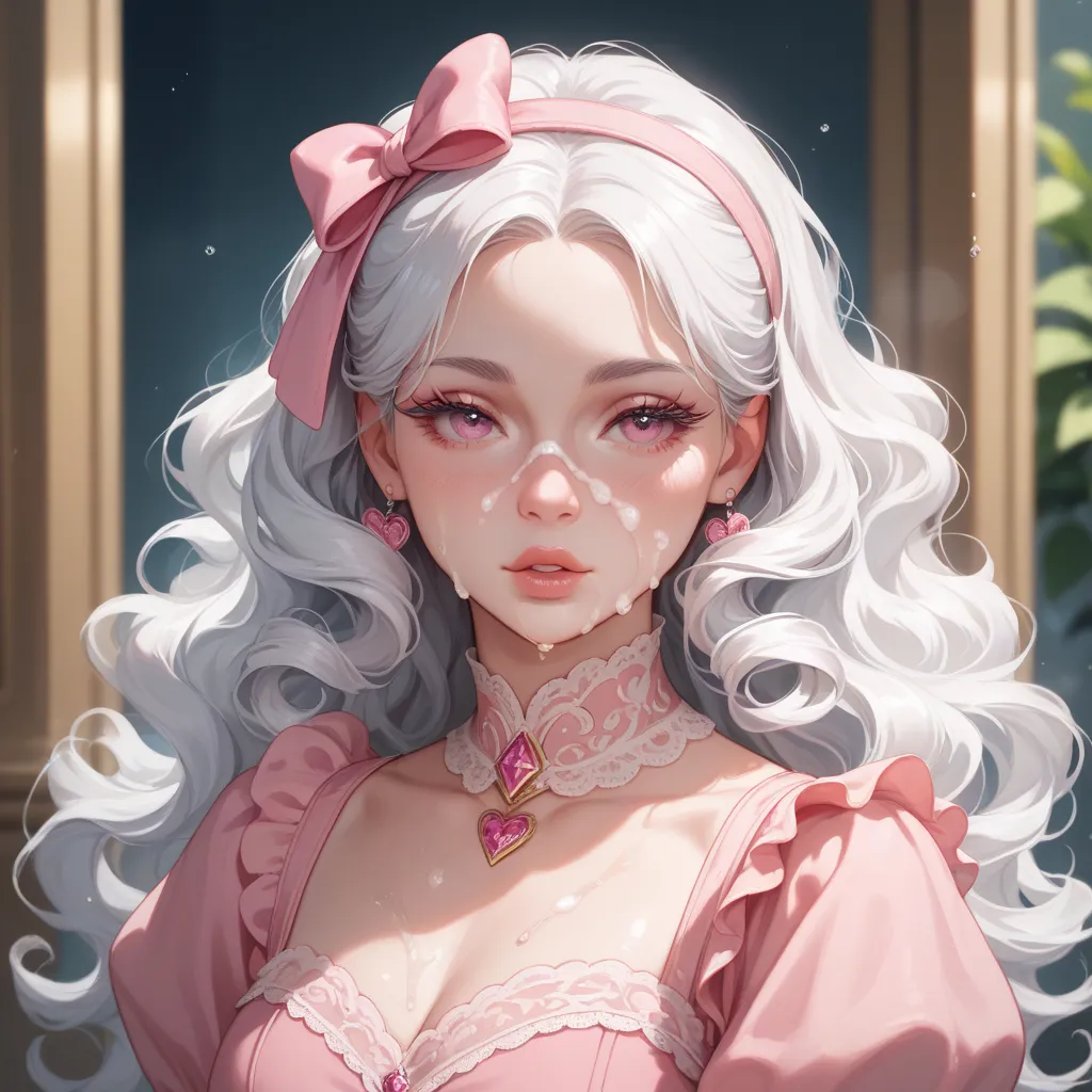 a girl with long wavy white hair and pink eyes, she was standing gracefully, pale skin, moist lips, curly eyelashes, wearing a pink royal dress. with pink ribbon decoration in her hair, cold facial expression