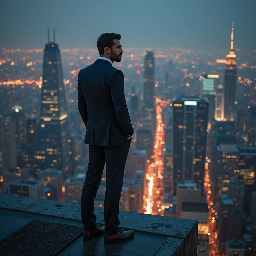 A man standing at the edge of a rooftop, looking out over the city with confidence, representing the mindset of a man who understands and applies the psychology of attraction