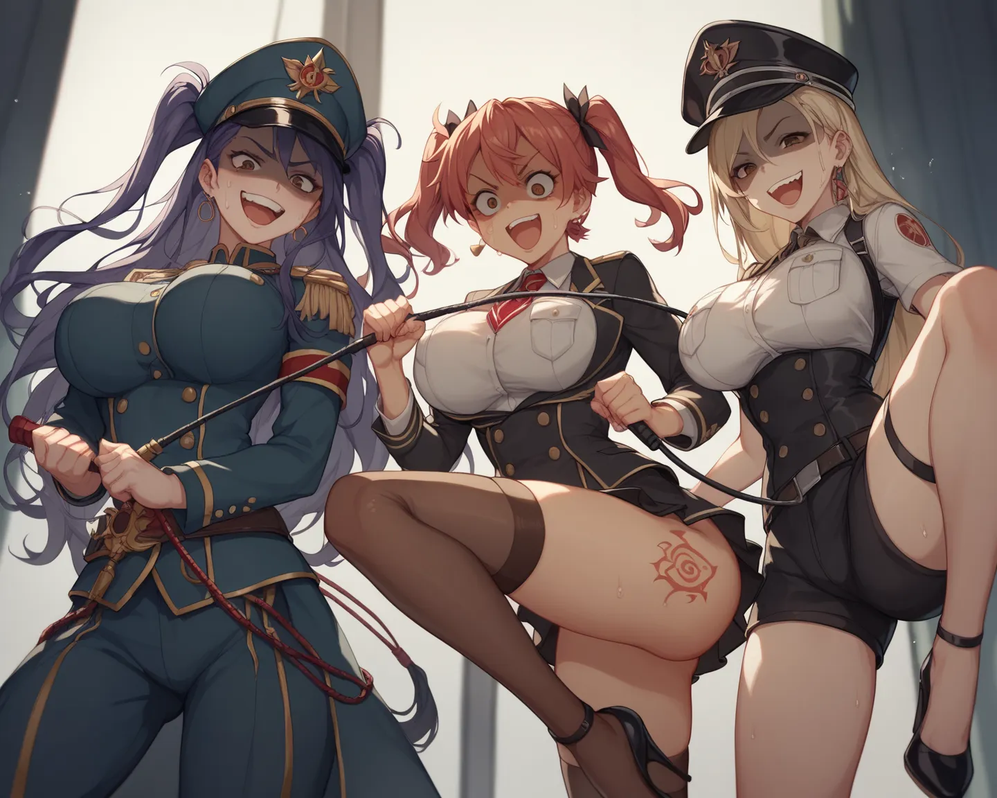 The background is a dark basement made of bricks 、3 women in their 20s with big breasts 、 Brown Eyes  、Yakumo Beni,  She has military uniform、I'm wearing a military hat、They have long whip in their hands、composition showing the floor from the ceiling 、cute...