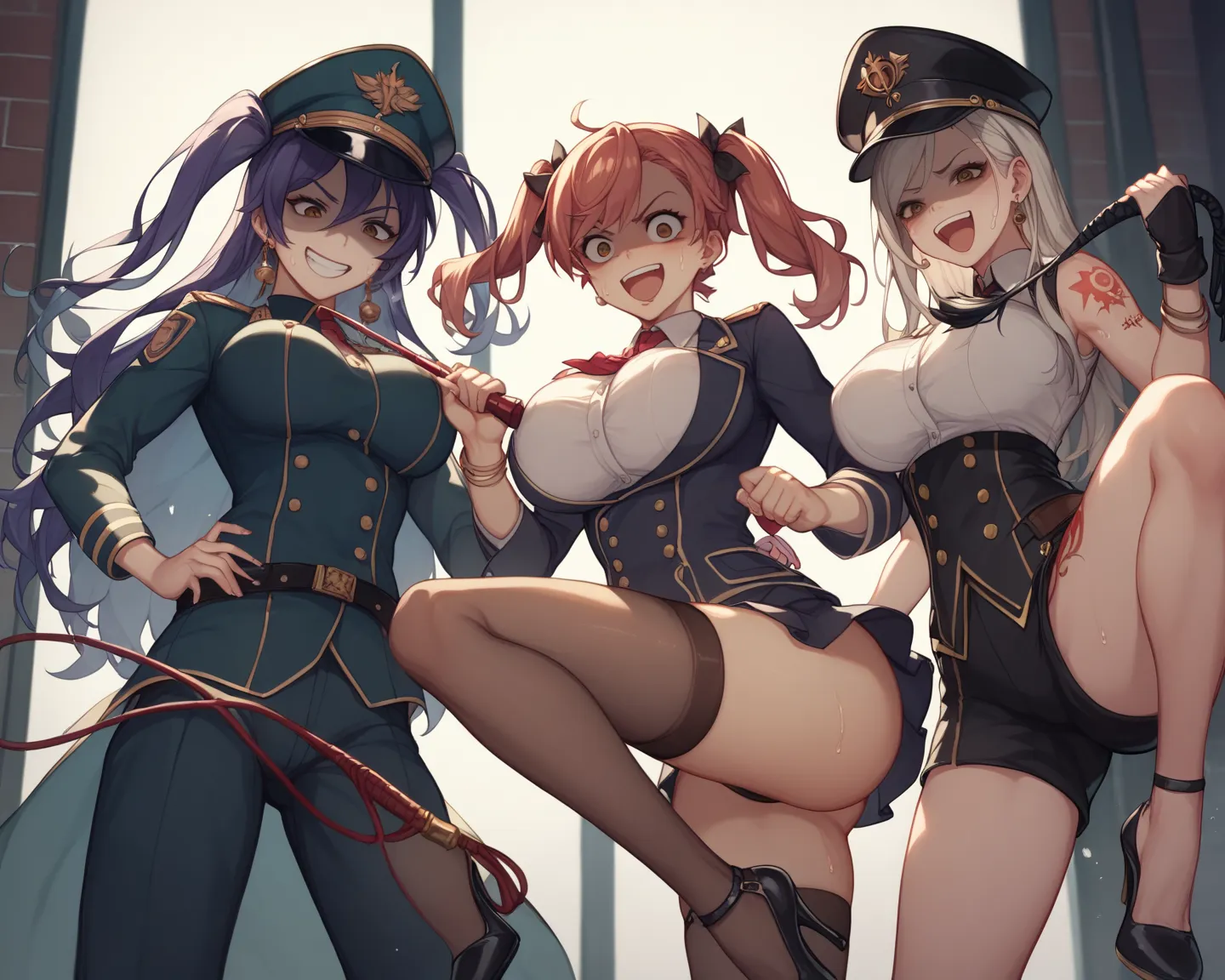 The background is a dark basement made of bricks 、3 women in their 20s with big breasts 、 Brown Eyes  、Yakumo Beni,  She has military uniform、I'm wearing a military hat、They have long whip in their hands、composition showing the floor from the ceiling 、cute...