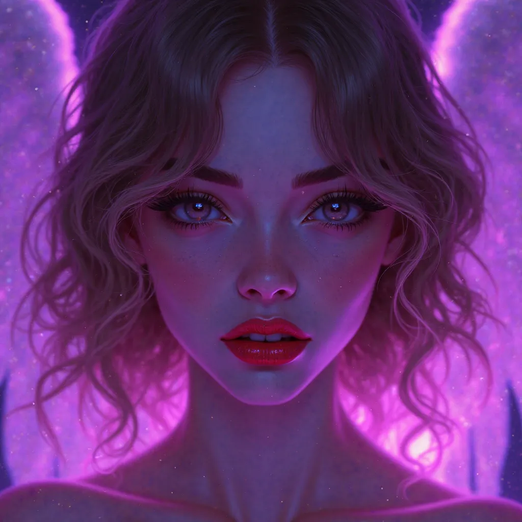 a woman with gangster attitude but angelic aura with soft wavy light brown hair and with crimson red plump lips, illuminated with purple light around her