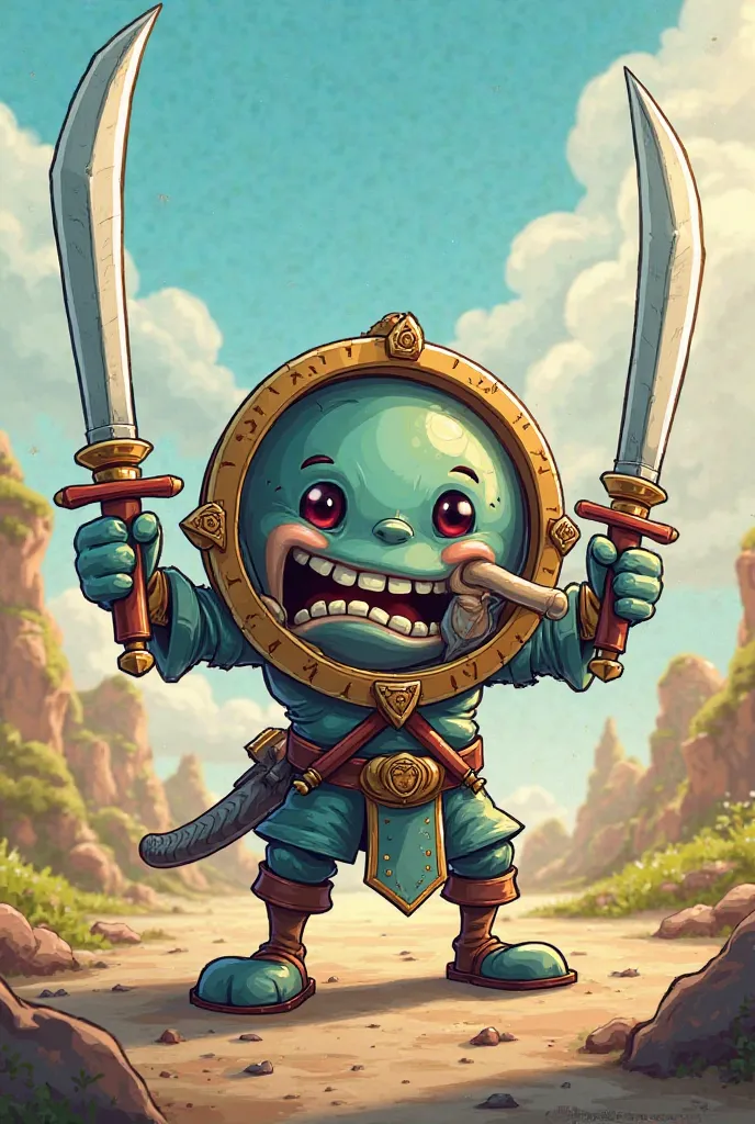 Cartoon look like compass person holding swords at each hand and one sword in mouth 