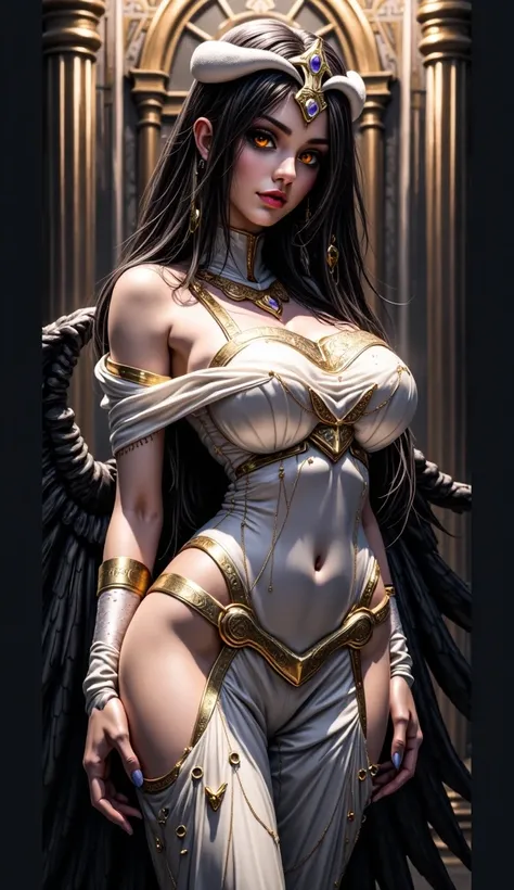 A (super realistic) beautiful sexy woman(albedo _overlord) with (glossy orange  eyes(perfect detailing) and white attire(detailed) with gold jewellery on perfect big breast, beautiful breast, black long beautiful hair, hyper detailed black  wings , (full b...