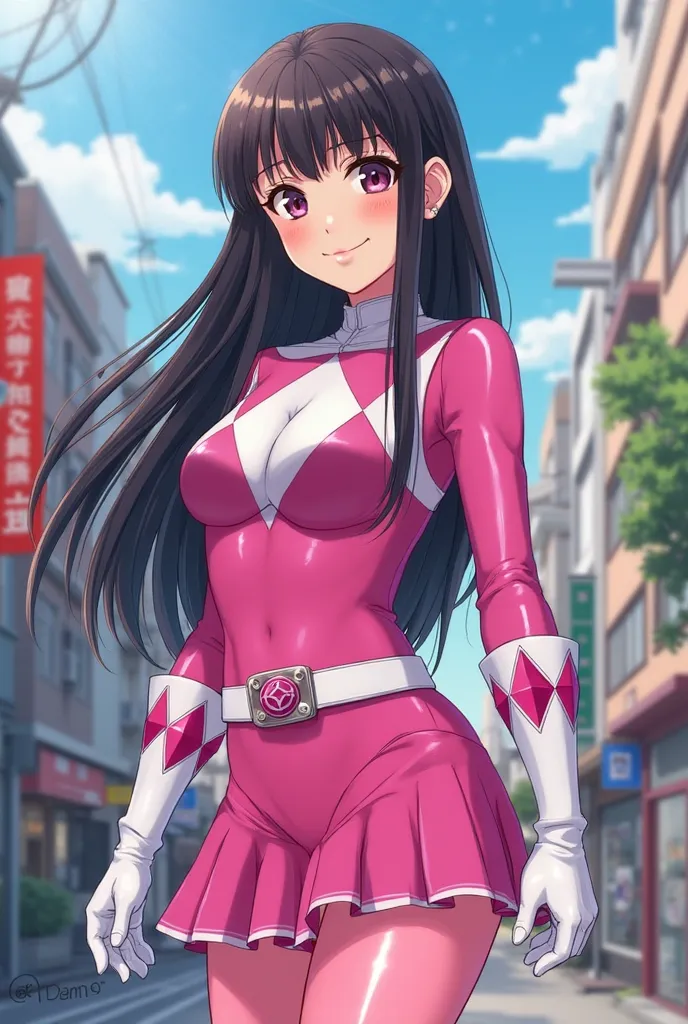 1 cute girl, (long dark hair with cute fringe),(PinkRanger), (solo) (tight magenta bodysuit), (mini skirt), pink leggings, white belt, white gloves with pink diamond design, (white boots with pink diamond design), (18yo), (small breasts), smiling at the vi...