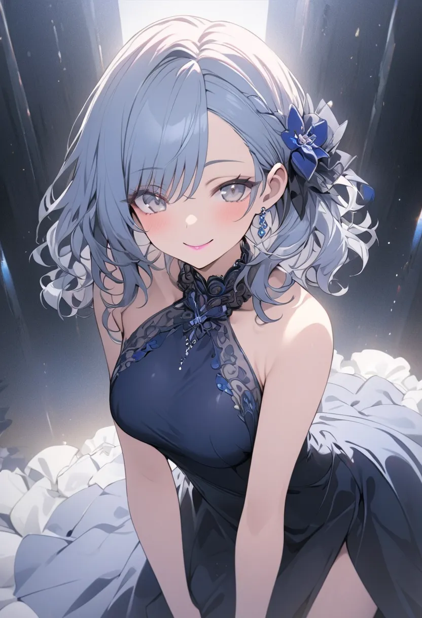 (masterpiece、top quality、High Resolution、white black)、( detailed skin、detailed face、from front, cowboy shot)、1 woman、Blue medium hair、blue color wavy hair、 asymmetrical bangs 、gray eyes、Navy Blue Evening Dress 、medium breasts、 Smile、 Light Pink Lipstick