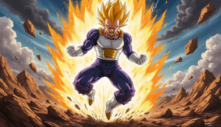 Vegeta, 18 years old and handsome, stands in mid-air with his body angled in a confident and cool pose. His figure is slightly turned, showcasing his muscular build and readiness for battle. His sharp blue eyes are filled with intense anger and focus as he...