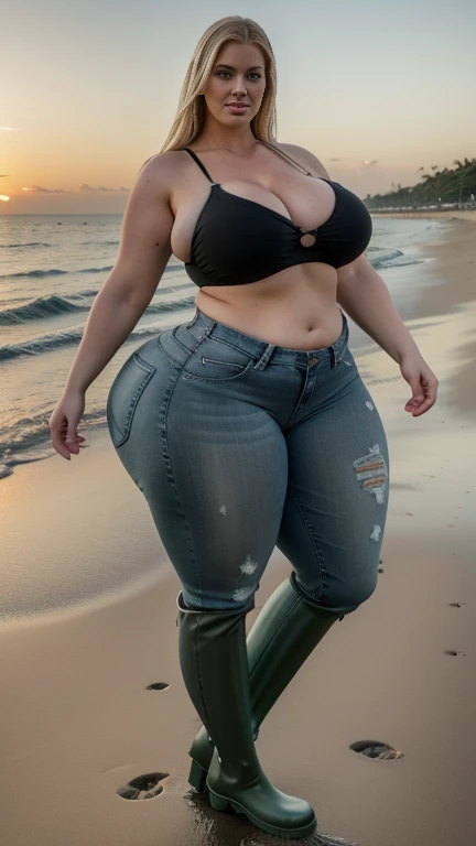 Realistic photo from head to toe,   full body shot, Araffe Big Curvy Blonde BBW,  Angela White's sister, wide hips,   perforated jeans , dark green cropped sleeveless low neck top,  long strong legs ,  tall heavy black rubber boots  ,  hourglass figure  , ...