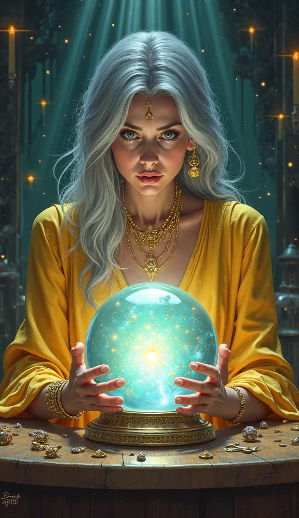 A PSYCHIC HOLDING A CRYSTAL BALL WITH A TABLE IN FRONT OF HER. SHE HAS GRAY HAIR AND IS VERY PRETTY. SHE'S WEARING YELLOW CLOTHES AND WEARING GOLD JEWELRY. 