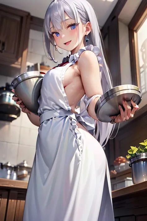 (from below:1.2),((1girl, silver hair, long hair, qutel blue eyes, beautiful eyes, pretty smile:1.5, ), coloring watercolor digital pencil ,Cherry blossoms falling,an animated painting of a woman in an apron standing at a coffee maker, 1girl, brown hair, s...