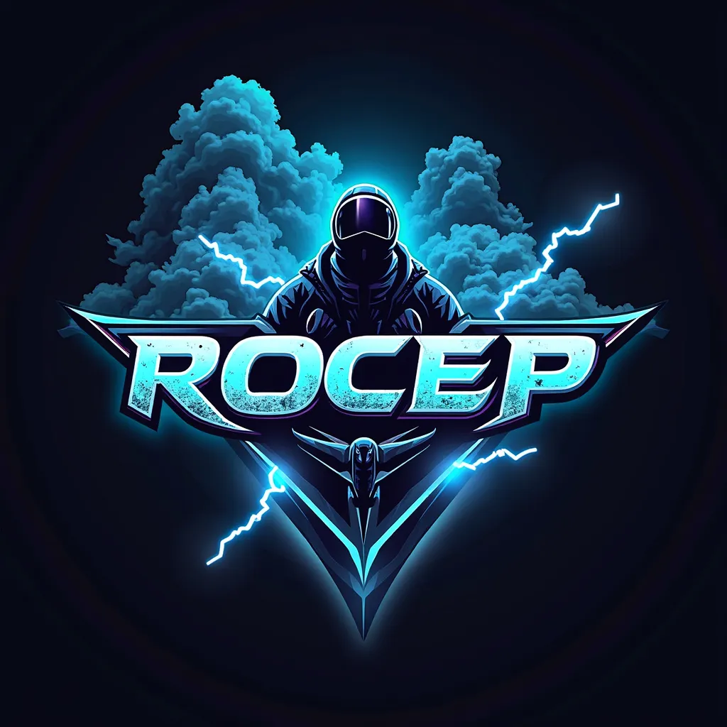 A bad ass edgy logo for “ROCEP” in a striking font. With smoke and ʙʀɪɢʜᴛ lightening, clouds  using neon blue. Airplane Pilot symbol
