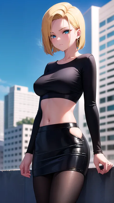 Android18, Android 18, blond, blue eyes, eyelash, hoop earrings,  short hair, earrings,
rest belt,  brown pantyhose , black shirt, breast pocket, Rift, clavicle, black leather skirt, high-waist skirt, Jewelry, long sleeve, pocket, shirt, crop shirt, skirt,...