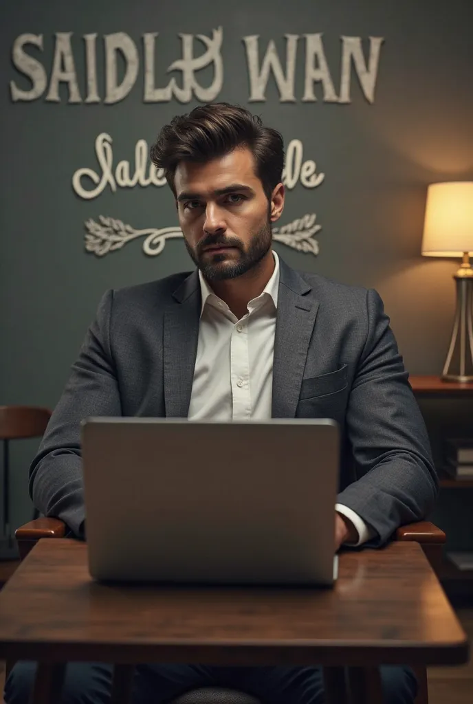 A handsome man sits on a chair, a laptop is placed in front of a table, and behind him is written Saidul Bhai Toto Tips in the background.