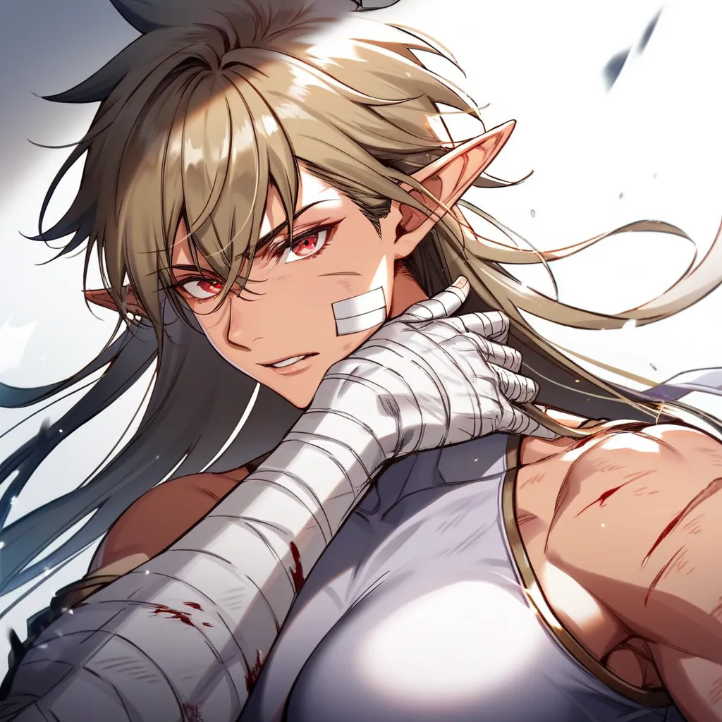 1girl, tomboys, badass, beautiful, light brown hair, messy hair, long hair, bangs, red eyes, elf ears, white skins, big breast, big body, muscular body, scars on body, white outfit, blood in her body, injured, wound, bandage on hand, calming expression, ma...