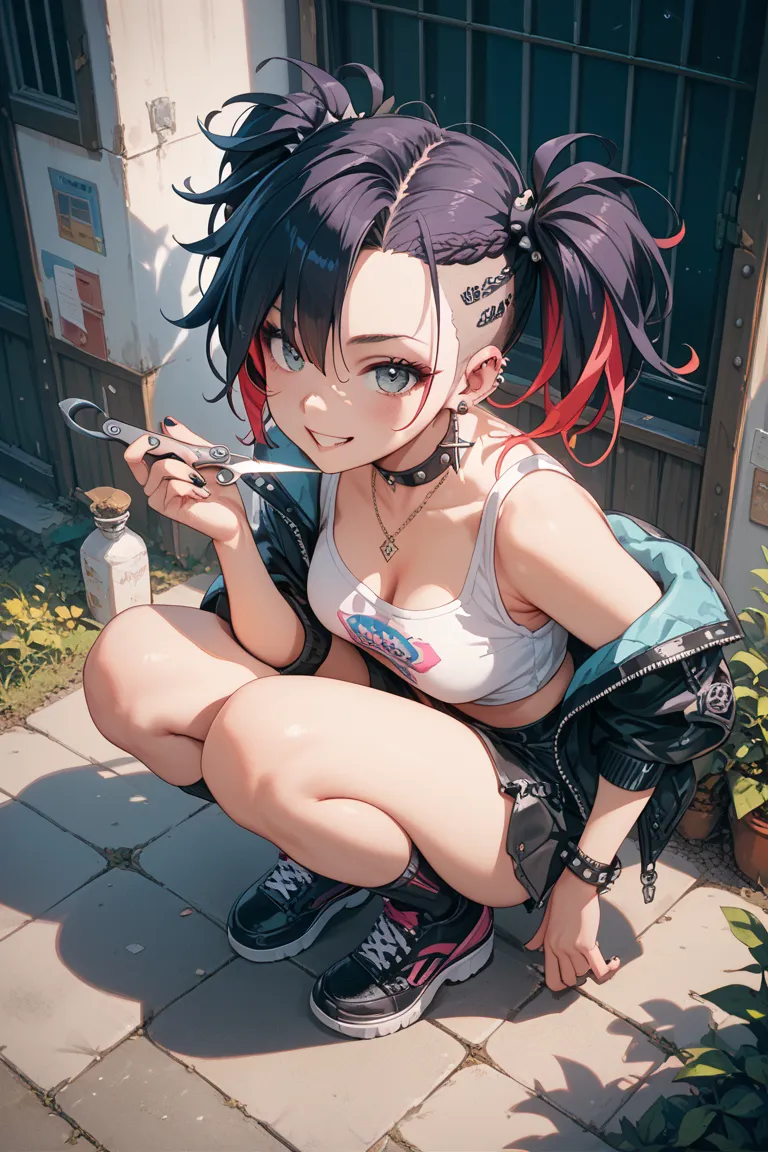 punk　girls　squatting　Bird&#39;s-eye view　from 45° in front　Put only one knee on the ground and have a bad smile　face　pigtails　accurate human body　Holding scissors in one hand　full body　provocative