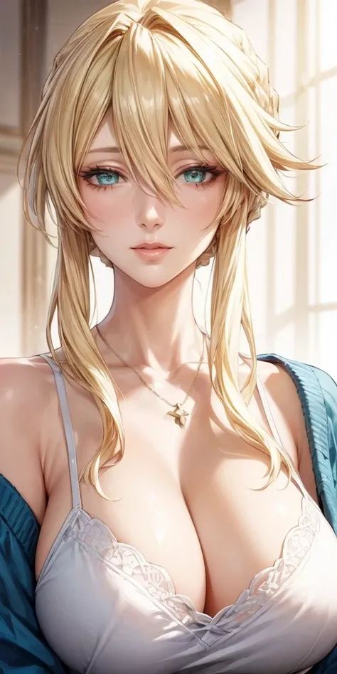 Masterpiece, very aesthetic, vibrant, high contrast, elegant mature woman, artoria pendragon (lancer) (fate), seductive eyes, housewife, long sleeve shirt, collarbone, upper body, curvaceous, soft light, best quality, semrealistic, honkai: star rail cg sty...