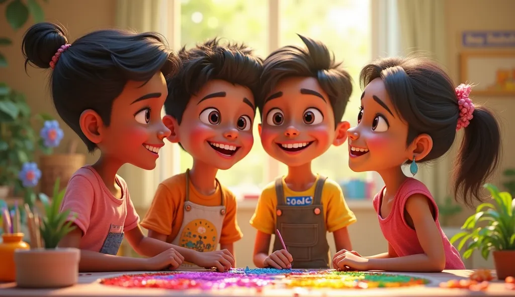 Scene 12: A Grateful Smile
Anu and Rohit smiling brightly as they are colored by Aaroh and Sanya, their hearts full of gratitude despite the previous mocking.

 3d animation style 