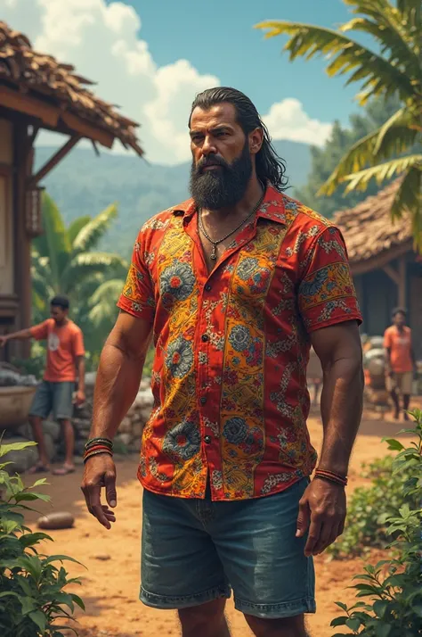 THOR :He can be seen in a rural village, wearing a Sri Lankan shirt (like a *batik* shirt) and helping a local community project