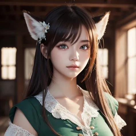 (Alone:1.5),(Masterpiece:1.5),( best quality :1.5),( Bust:1.3), wonderful, beautiful detailed, Extremely Detailed Wallpaper , Highly Detailed CG Unity 8K Wallpaper, very delicate Beautiful Eyes ,   green eyes, s,[Fox Ears,