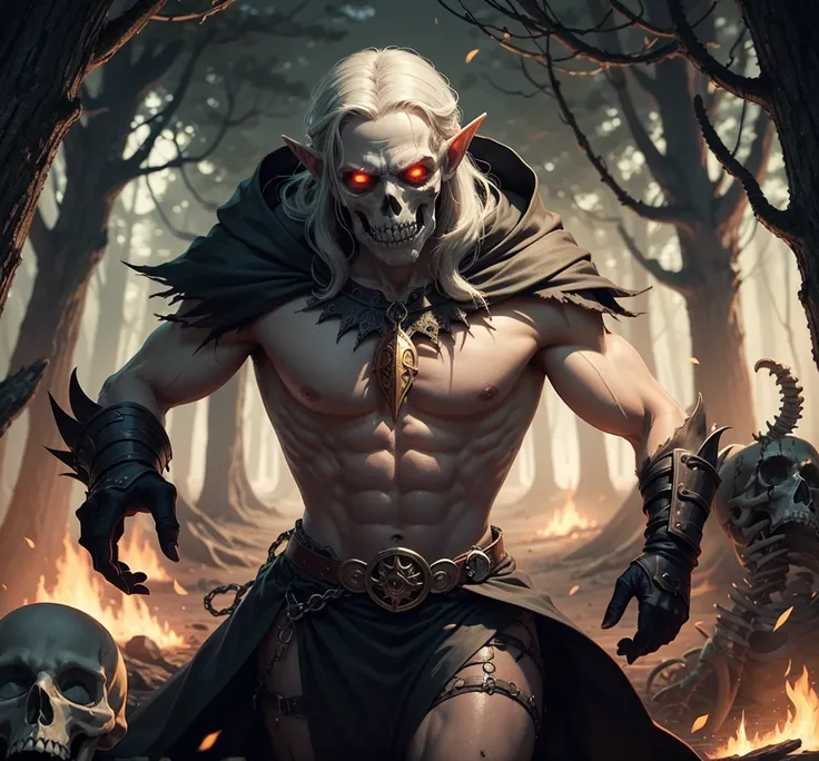 Necromancer elf in a dark forest with skeletons in the background 