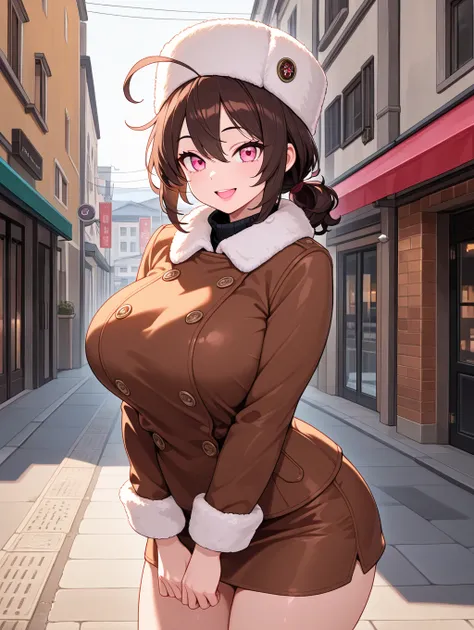 1girl, solo, voluptuous, pink lips, pink eyes, (tsurime:0.8), dark brown hair curly hair, low ponytail short ponytail, single ahoge, hairs between eyes, general, fur-trimmed jacket, miniskirt, fur hat, open smile, looking at viewer, streetscape, masterpiec...