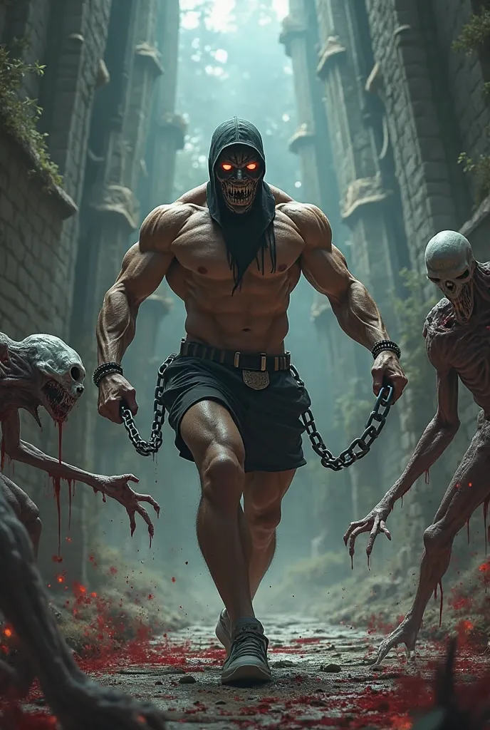 (photorealism:1.2),  photography a man wearing a mask fighting creatures, muscular, chain, belt,ricktaylorsdxl, shorts, sneakers, best quality, masterpiece, glowing eyes, gore,in motion, action pose, blood, dark castle, spray of blood