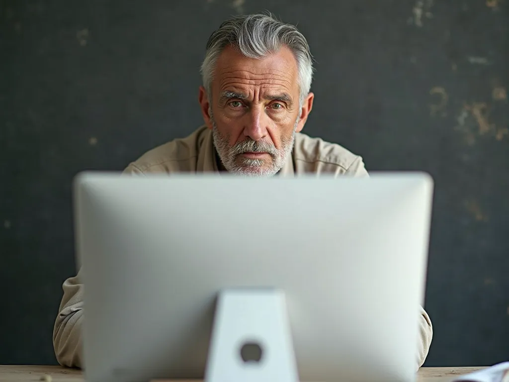 Handsome old man (Slavic appearance) sits behind a white monitor (mac) in front of the computer - focused - in normal clothes - on a uniform background - slightly side view