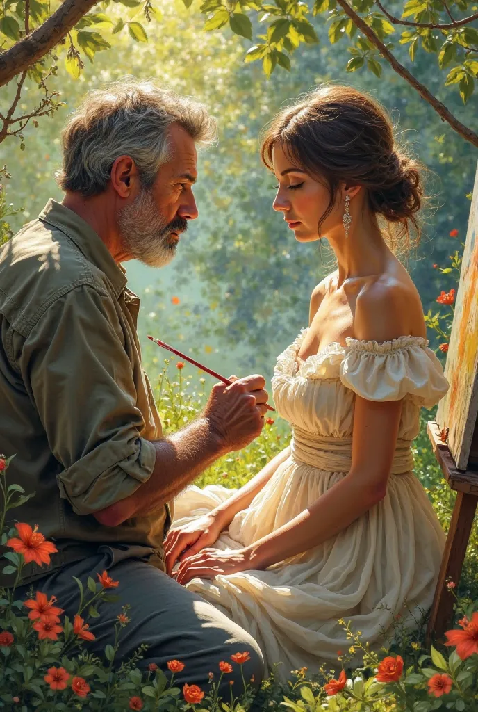 a man painting a woman in the park