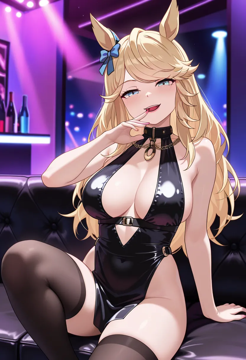 masterpiece,best quality,amazing quality,1girl,Gold City\(Uma Musume\),seductive smile,darknes smile head tilt, half closed eyes, Open your mouth languidly,Estrus face,erotic bodycon(less cloth area),lipstick,looking at viewer,sitting,on couch,black couch,...