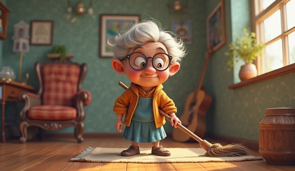 An old poor granny with glasses and wrinkles on her face. Should look like in the cartoon. Should be in three versions:
1. Sweeping the floor with a broom.
2. Sitting on a chair.
3. Standing at full height.