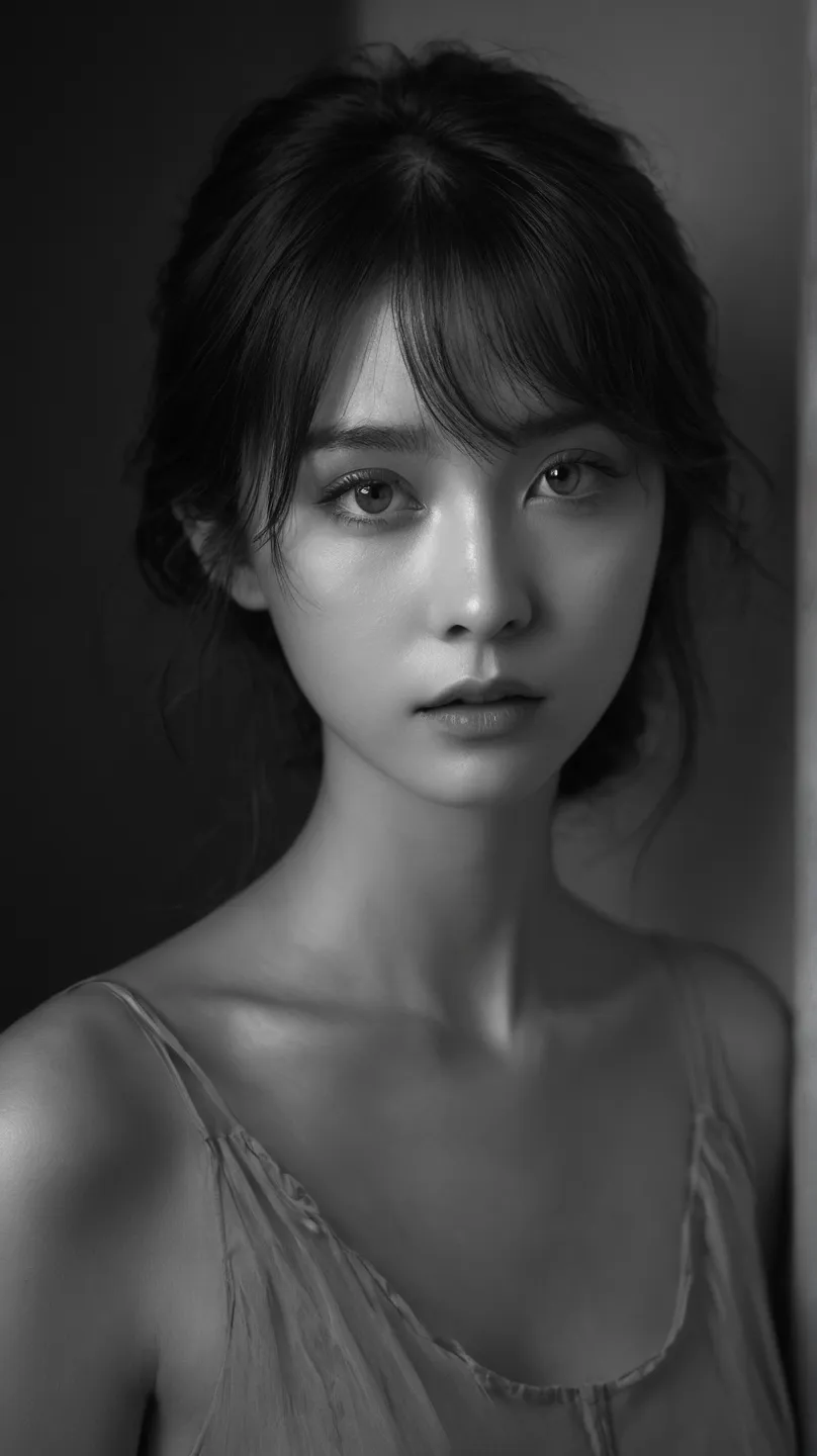 monochrome portrait , ( So Futterly Illuminated Pro File :1.2), delicate ふeatures, (haunting eyes:1.1),   Shadow Interplay , subtle strands oふ hair,  dark background,  Minimalist Aesthetics , Modest feelings,  You can see from head to waist 