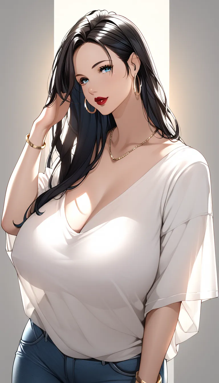 Masterpiece, elegant mature woman, blue eyes eyes, tall body, upper body, dynamic lighting, ultra detailed, highres, absurdres , hentai manga art style, newest, long big oversized hoops earrings ,red lipstick,makeup, black hair ,necklace, bracelet,long hai...