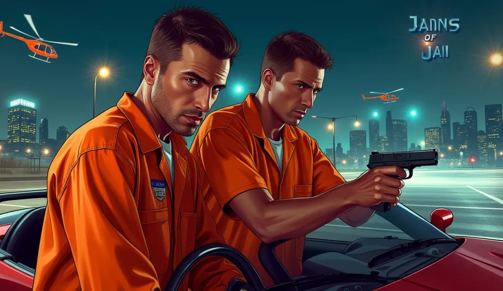 Key visual:
Main character : Show two prisoners in orange jumpsuits (Like a prisoner partner)  Expression Intense . A person holding a gun, Another person holding a steering wheel or leaning against a sports car.
Car chase themes: Include a fast sports car...