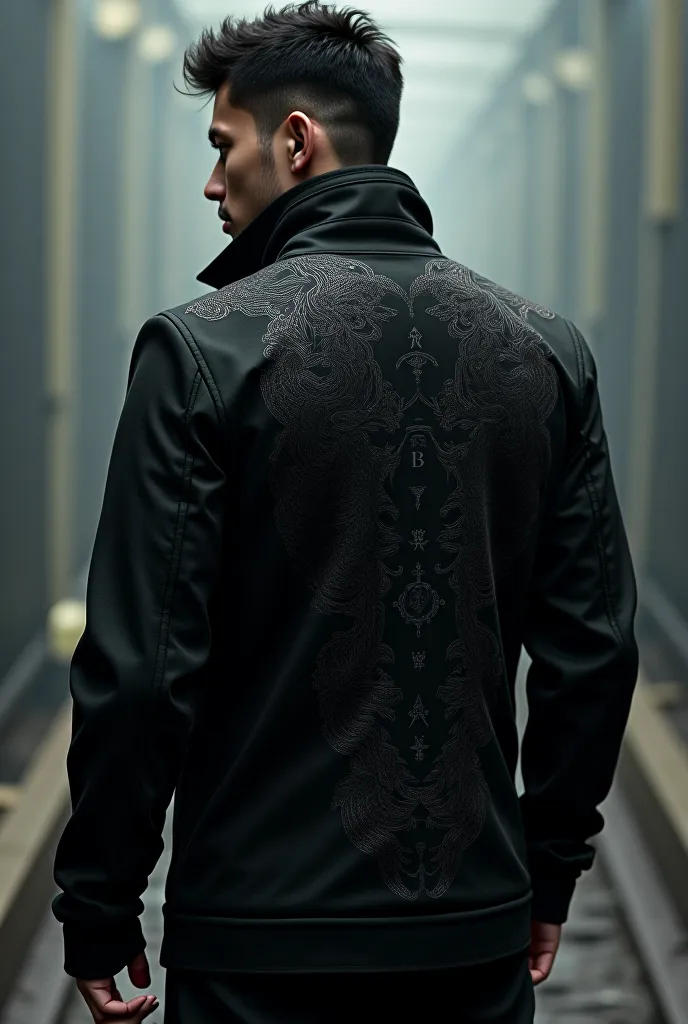 A man wearing black jacket with Maori design besides the jacket and in the middle wrote S B T