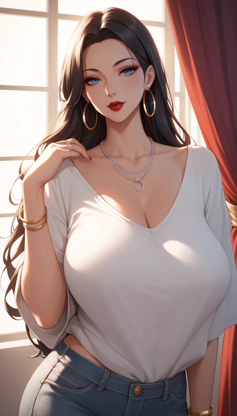 Masterpiece, elegant mature woman, blue eyes eyes, tall body, upper body, dynamic lighting, ultra detailed, highres, absurdres , hentai manga art style, newest, long big oversized hoops earrings ,red lipstick,makeup, black hair ,necklace, bracelet,long hai...