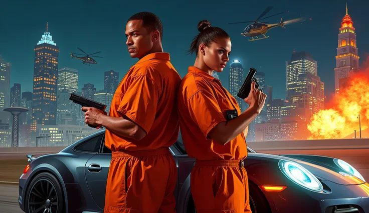 Key visual:
Main character : Show two prisoners in orange jumpsuits (Like a prisoner partner) Standing back to back, Expression Intense . A person holding a gun, Another person holding a steering wheel or leaning against a sports car.
Car chase themes: Inc...