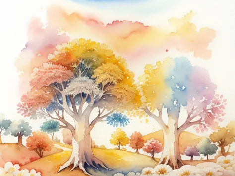 realistic watercolor texture, tranquil landscape, watercolor flowers, watercolor wheat, peace in world, I wish for peace,