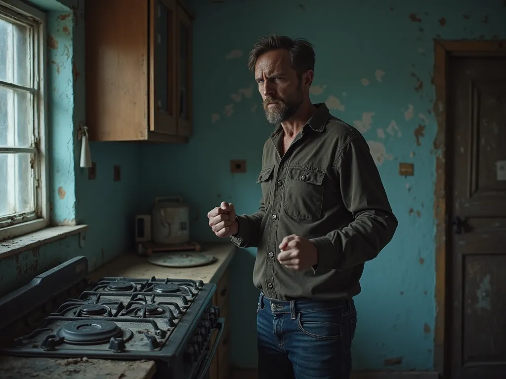  30-year-old male, swears in an old kitchen with his wife, detailed portrait, angry look, clenched fists,  torn clothes, mess on the floor, dim lighting, realistic, 4K, detailed, фотоrealistic, blue tones , Muted color palette,  sharp shadows , damaged int...