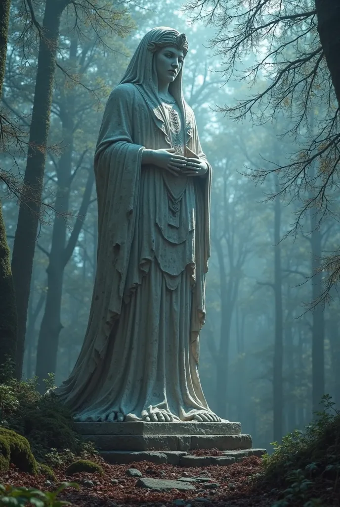  There is a large statue of a goddess standing in the woods, White Marble,  virtual unreal , IMAX footage , , More footprints of Egyptian temples ,  face close-up , Playstation 3, autodesk,  still images from Marvel movies , Graveyard 、Blue Light、Suspiciou...