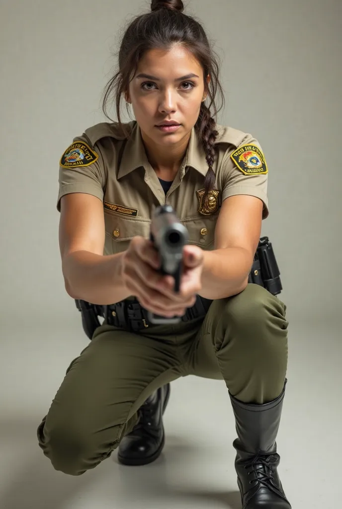 realistic front view photo of a crouching white athletic female border patrol holding a gun. She is wearing a beige border patrol outfit, rubber riding boots, beige breeches,