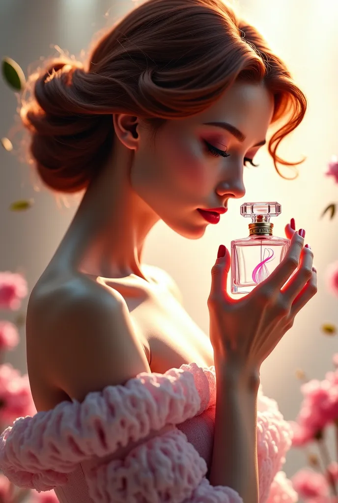 A woman holding perfume in her hand