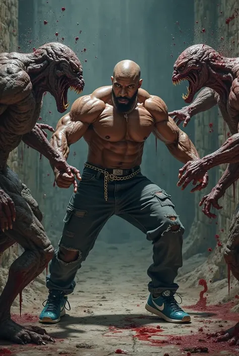 (photorealism:1.2),  photography a man bald-headed black African American fighting creatures, muscular, chain, belt,ricktaylorsdxl, black jeans, blue Nikes, best quality, masterpiece, gore,in motion, action pose, blood, dark castle, spray of blood