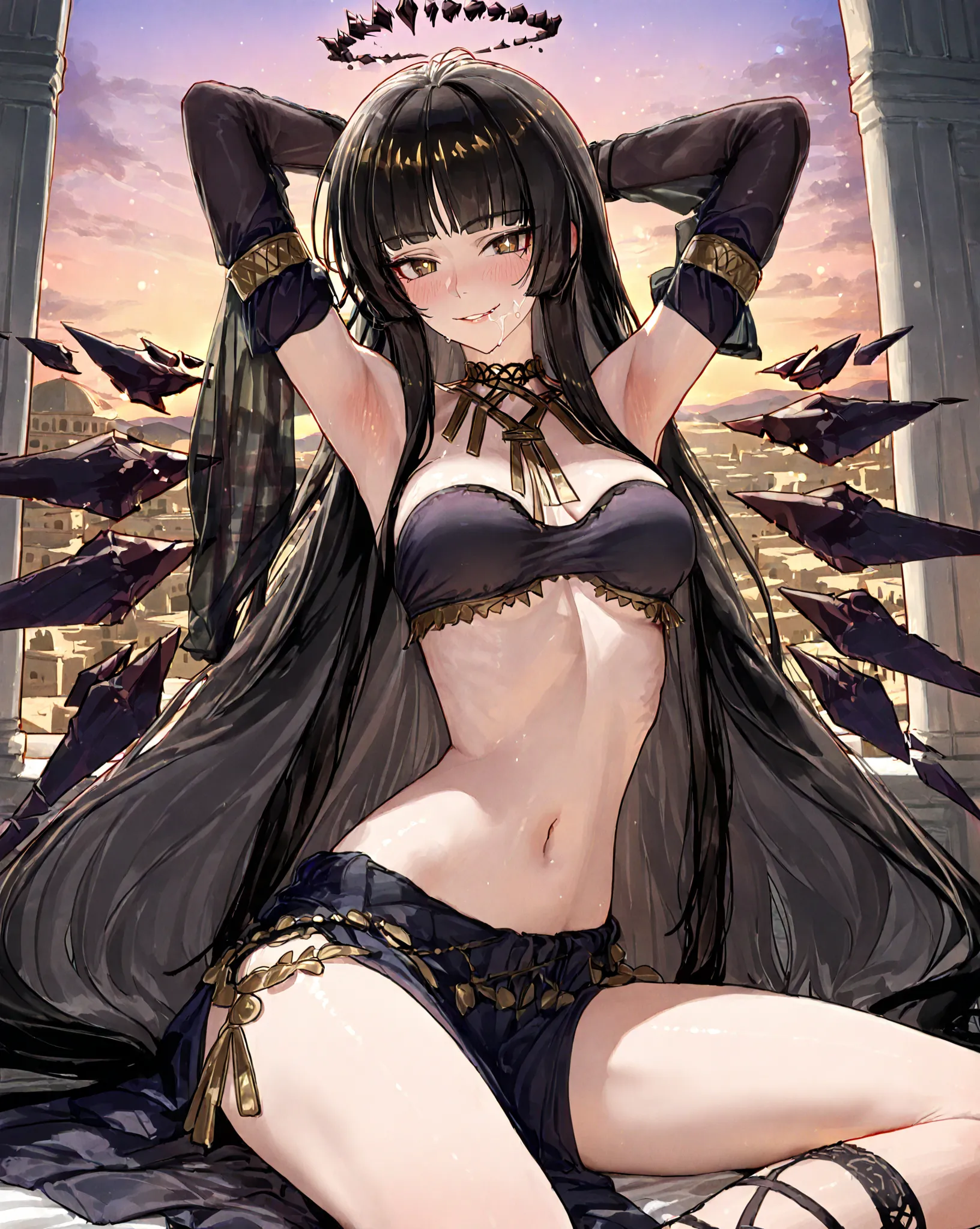 {{super detail, best quality, anatomically correct, high quality, high details, highres, masterpiece}}, solo, 1girl, virtuosa, ryuusaki ichi style, black hair, long hair, bangs, blunt bangs, halo, yellow eyes, bandeau, dancer, cross-laced legwear, detached...