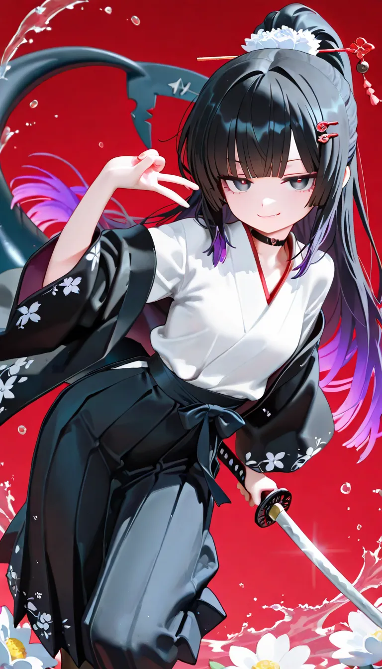 1girl, odd eye, lavender eyes, black eyes, jitome(0.5), Black Hair, red Gradient Hair, glowing hair, blunt straight bangs, hime cut, ponytail, black shark tail, small Breast, black haori, office suit, long skirt, pleated skirt, flower pettern clothes, Flor...