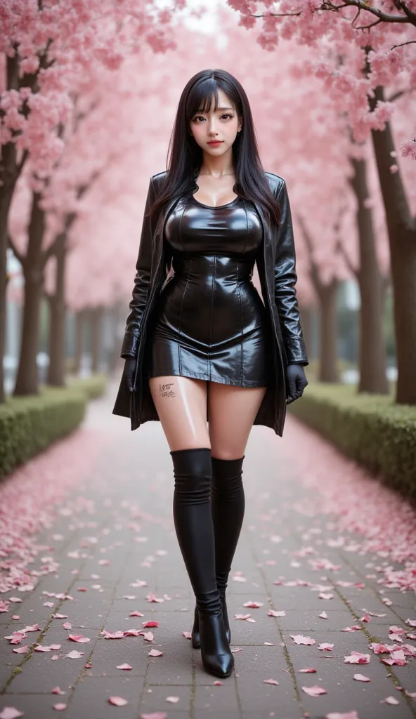 (flower leaves are falling from a plum tree path in spring, standing pose, HOT HAE is written on the thigh), She is a Korean woman , (black perm long hair), (metallic high gloss glossy black leather coat), (metallic high gloss glossy black leather gloves),...