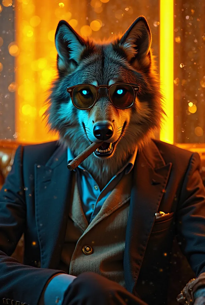 In the foreground, sitting in the style of an Italian mobster with tobacco, a blue-eyed wolf, evil smile and rayban lenses in a golden environment with sparkles of bright neon. 