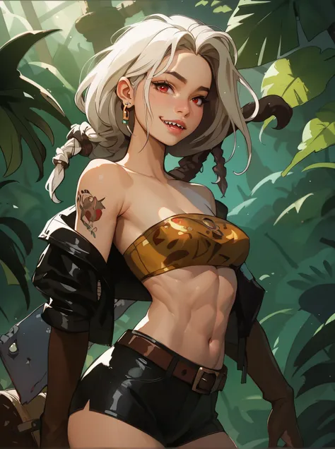 masterpiece, HD , great quality, very aesthetic, absurd, high contrast , high color palette , light glare ,Latest ,2.5D,volumetric lighting, Sweet, jung, 1 girl, aztekisch, small breasts, red eyes,athletic body, aztekisch, white hair strands, looks at t...