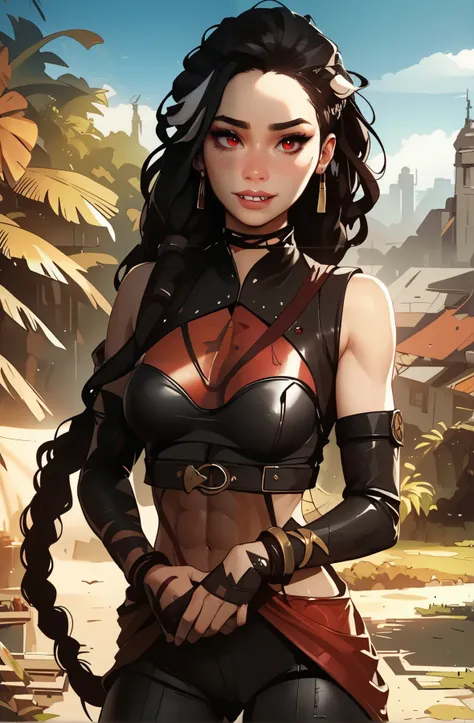 masterpiece, HD , great quality, very aesthetic, absurd, high contrast , high color palette , light glare ,Latest ,2.5D,volumetric lighting, Sweet, jung, 1 girl, aztekisch, small breasts, red eyes,athletic body, aztekisch, white hair strands, looks at t...