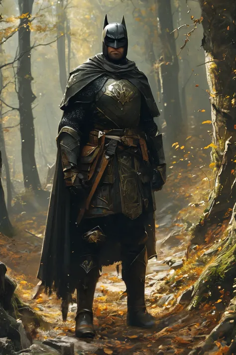Batman. ray tracing,depth of field,subsurface scattering,
facial hair, Short beard, Short hair,
contrast, illustration lighting, illustration man,
detailed hair, detailed eyes, illustration photo of a forest in autumn, standing, wearing black armor,messy h...
